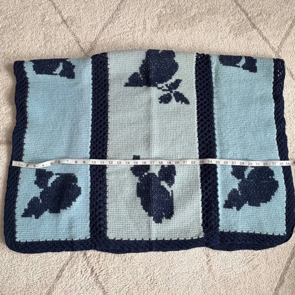 Vintage Handmade Knit Afghan Throw Blue Floral Panel Cottagecore Crochet Blanket